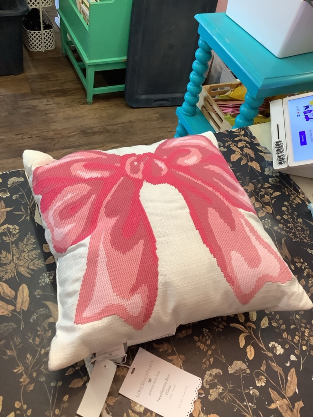 LoveShackFancy X Pottery Barn Kids Pink Bow Needlepoint Pillow